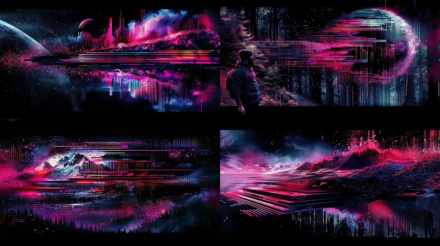 Cybernetic Dreamscape: A Fusion of Vibrant Neon and Digital Decay - Midjourney sref style