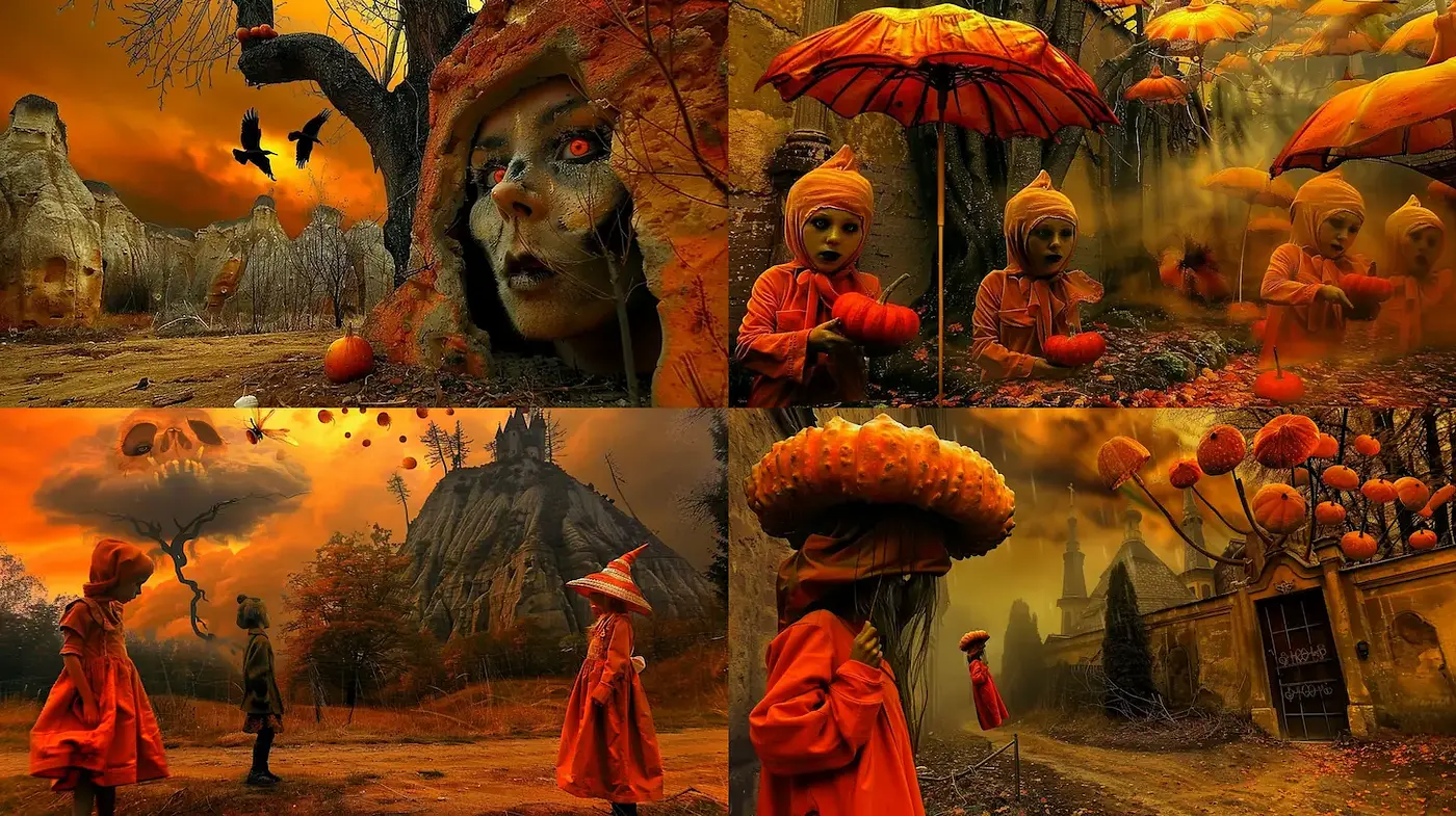 Surreal and Haunting Fantasy Landscape with Unsettling Characters - Midjourney sref style