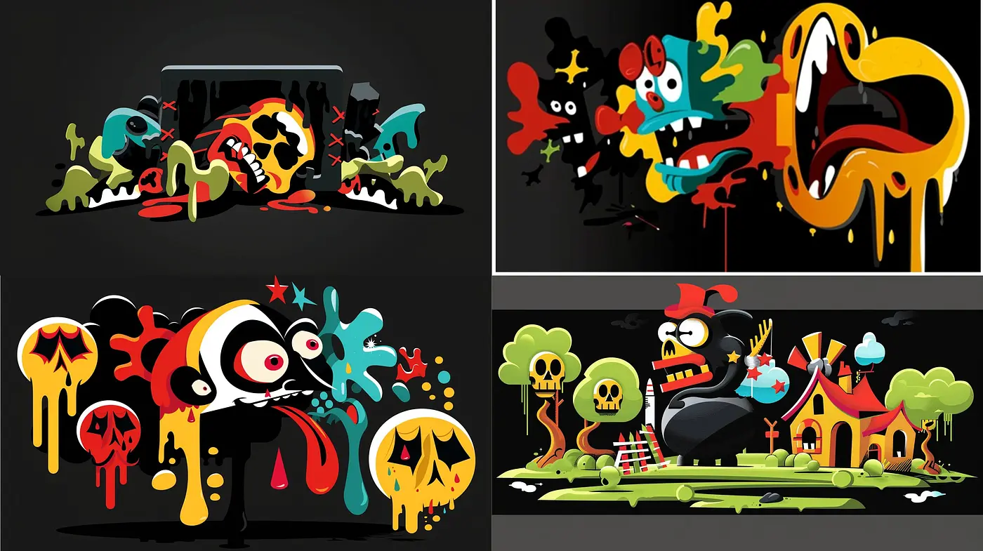 Melancholic Mischief in Bold Cartoonish Hues: A Stylistic Blend of Whimsy and Macabre - Midjourney sref style