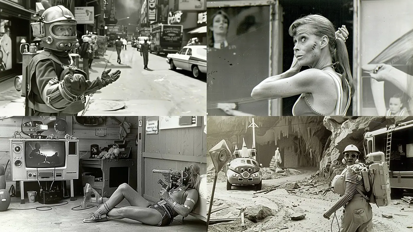 Nostalgic Monochromatic Visions with a Retro-Futuristic Edge - Midjourney sref style
