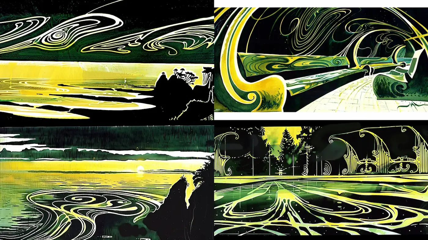 Visually Striking Consistency in Swirled Landscapes With a Retro Modern Vibe - Midjourney sref style