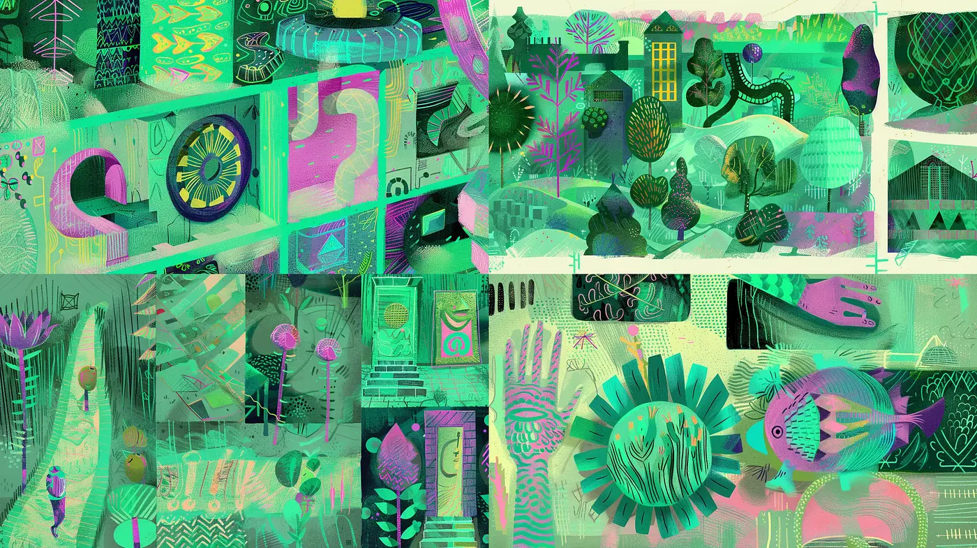 Abstract Expressionist Dreamscape in Emerald and Magenta Hues - Midjourney sref style