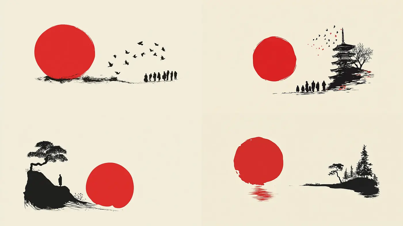 Serene Minimalist Japanese Aesthetic with Red Sun - Midjourney sref style