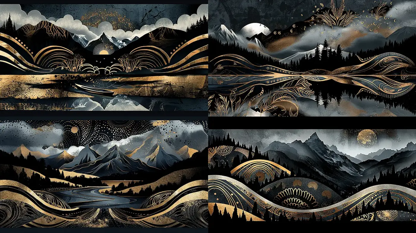 Elegant and Atmospheric Landscape Design with Gold Accents - Midjourney sref style