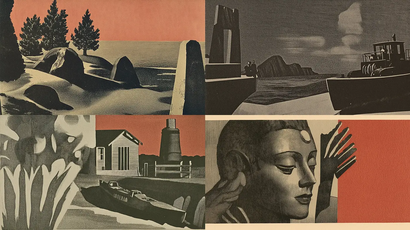 Monochromatic Twilight: A Fusion of Vintage Illustrative Art and Surreal Imagery - Midjourney sref style