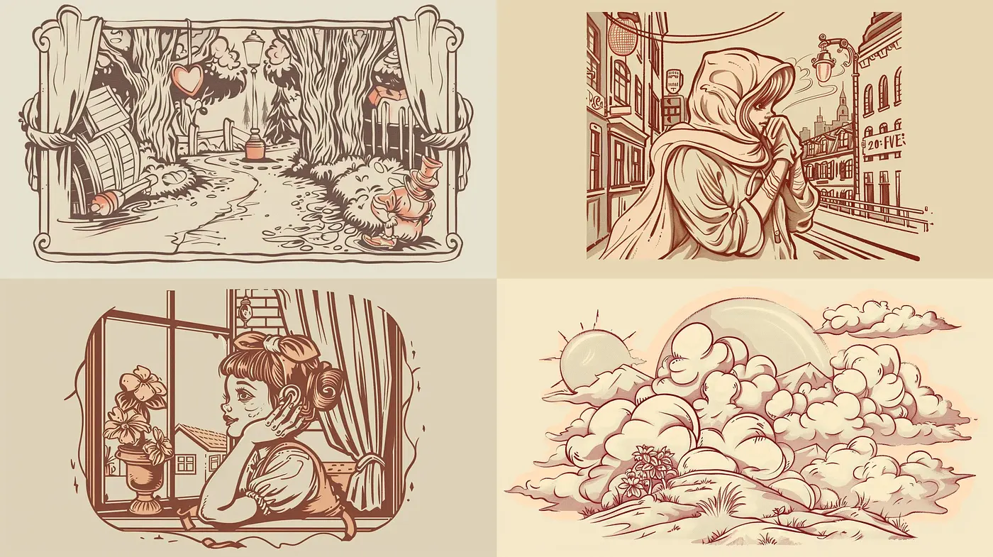 Sepia Tones and Inked Lines: A Nostalgic Homage in Illustration - Midjourney sref style