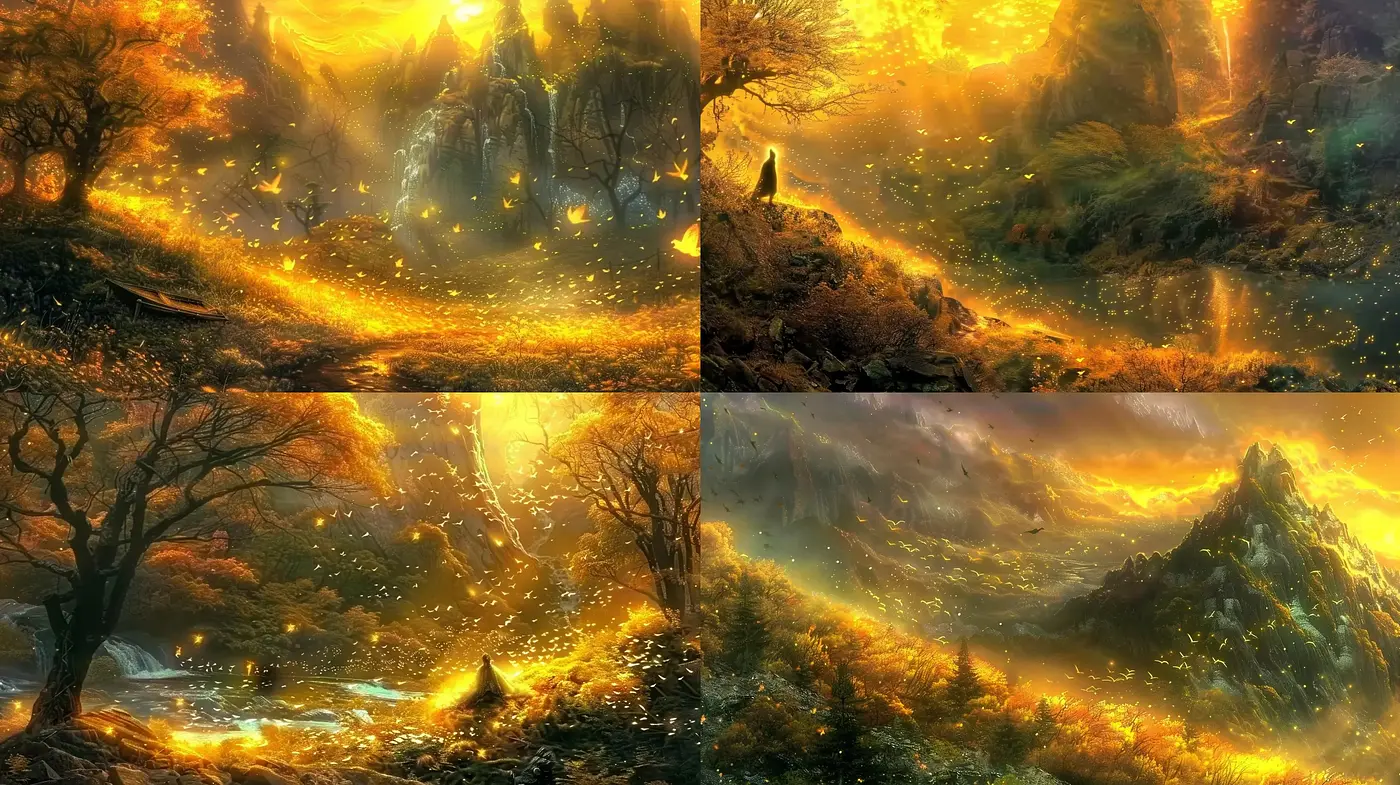 Enigmatic Golden Twilight Landscapes with Ethereal Ambiance - Midjourney sref style