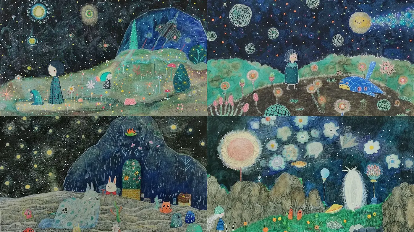 Enchanted Textural Nightscape with Whimsical Elements - Midjourney sref style