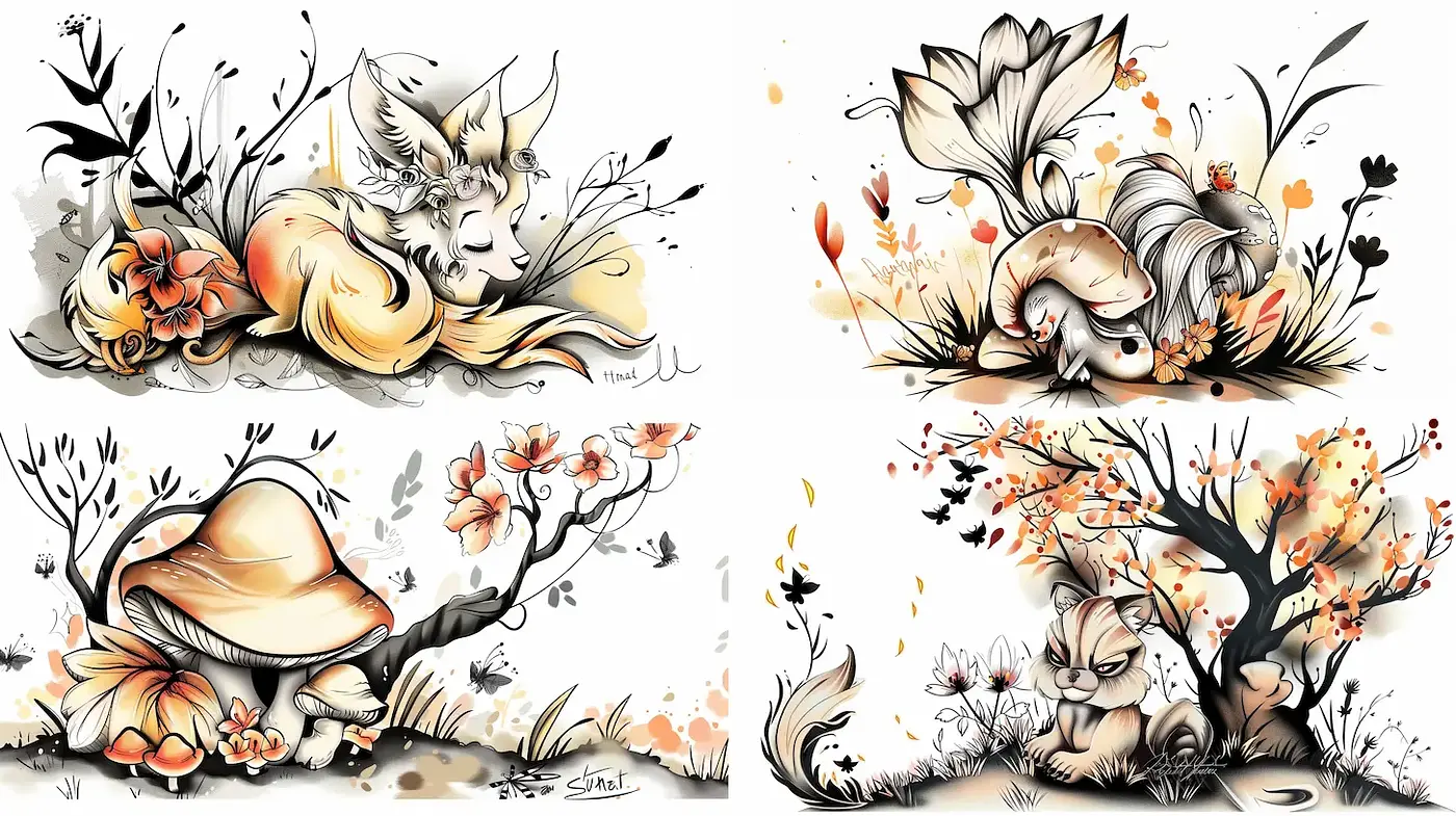 Whimsical and Playful Nature Illustrations with a Soft Palette - Midjourney sref style
