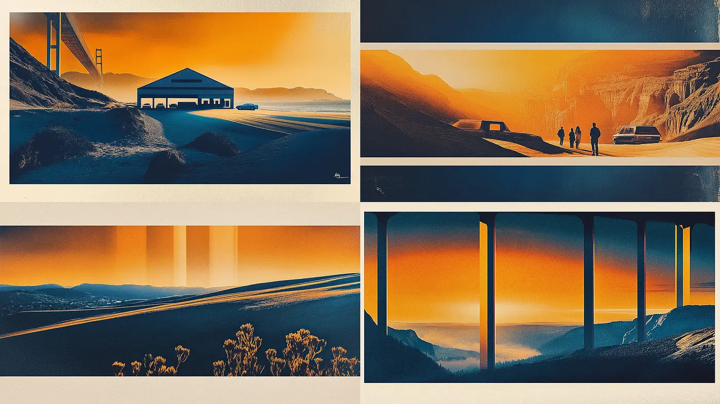 Dusk to Dawn: A Cinematic Symphony of Warm Hues and Silhouetted Landscapes - Midjourney sref style