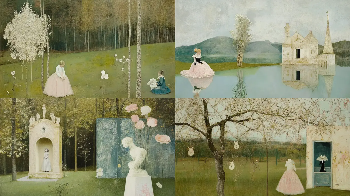 Ethereal Pastoral Dreamscapes: A Homage to Tranquil Nostalgia - Midjourney sref style
