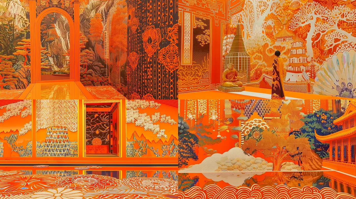 Symphony of Vermilion and Gold: A Fusion of Traditional Asian Motifs and Opulent Tones - Midjourney sref style