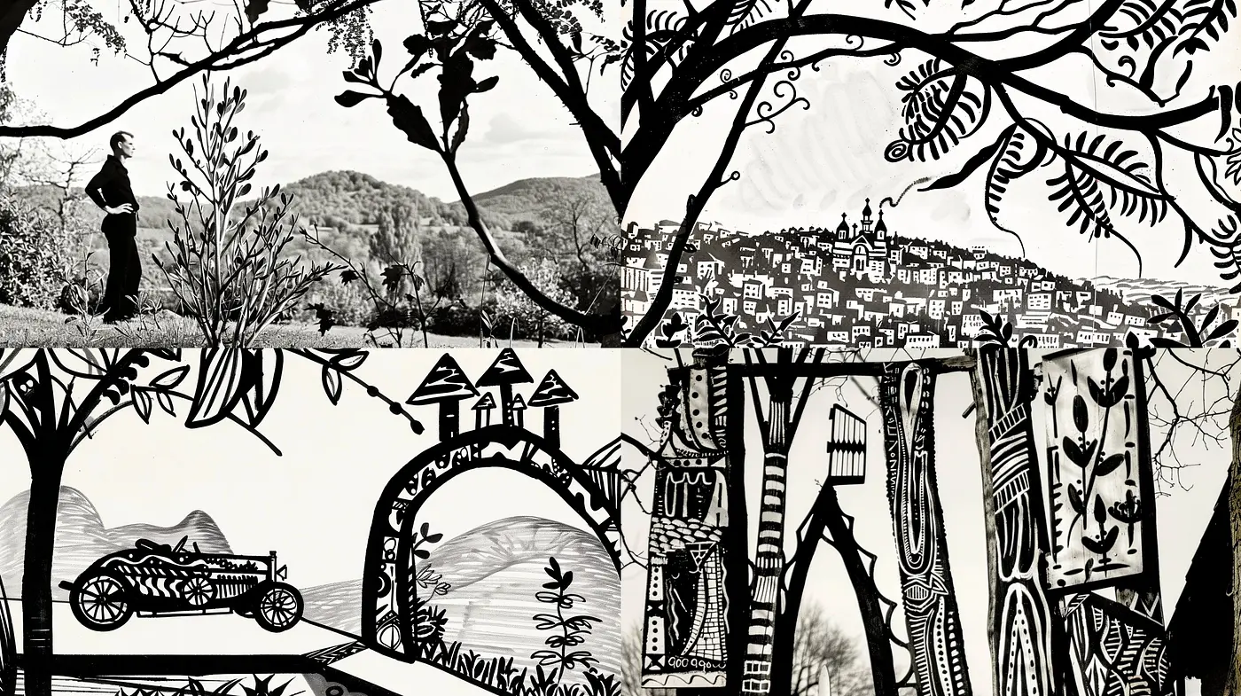 Monochrome Dreamscape: An Exploration in Stylized Silhouettes and Textured Vignettes - Midjourney sref style