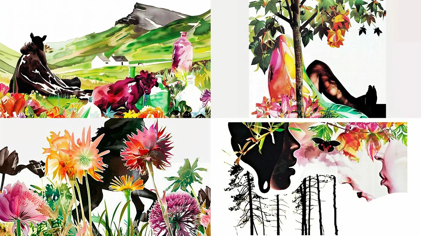 Whimsical Botanical Fusion: A Vivid Dance of Florals and Abstract Shapes - Midjourney sref style