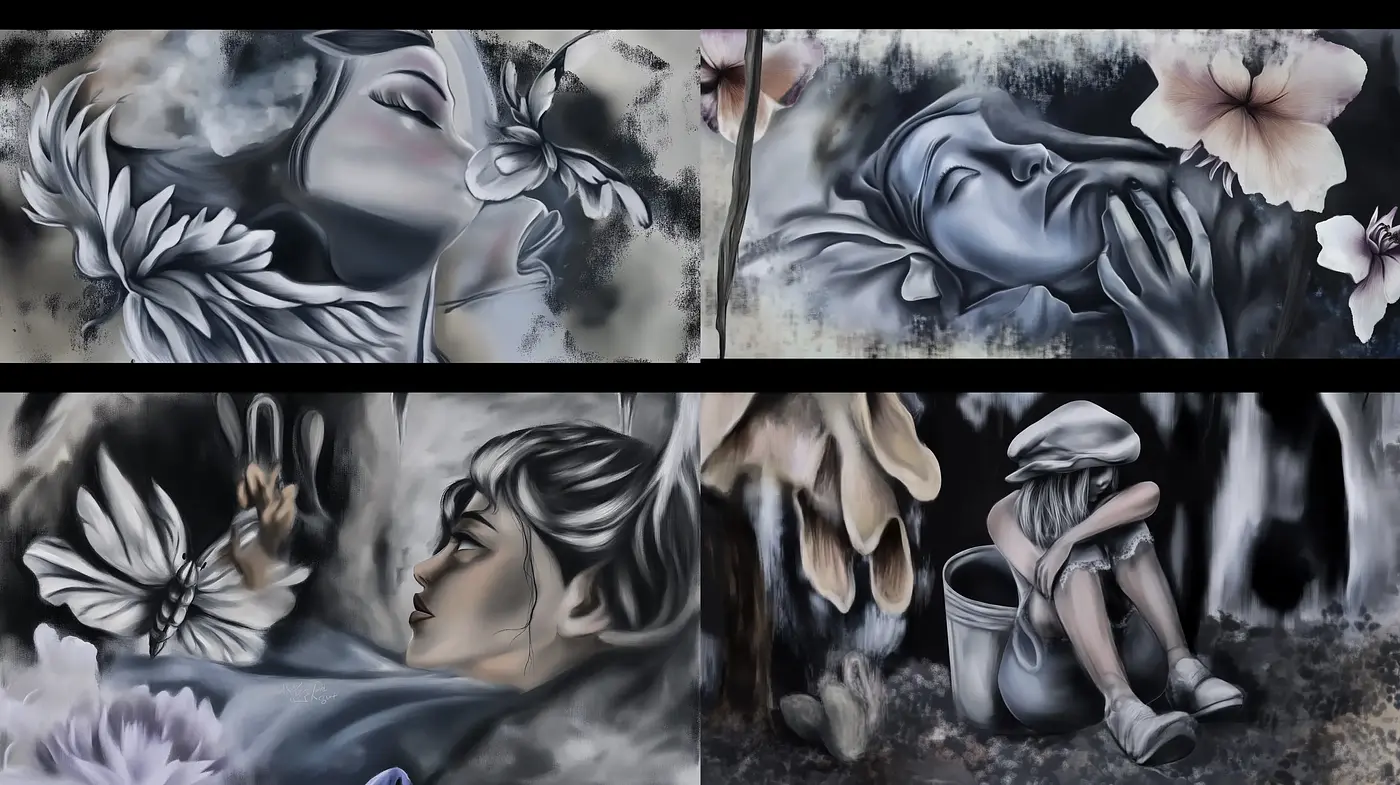 Ethereal Monochrome Dreamscape Art Series - Midjourney sref style