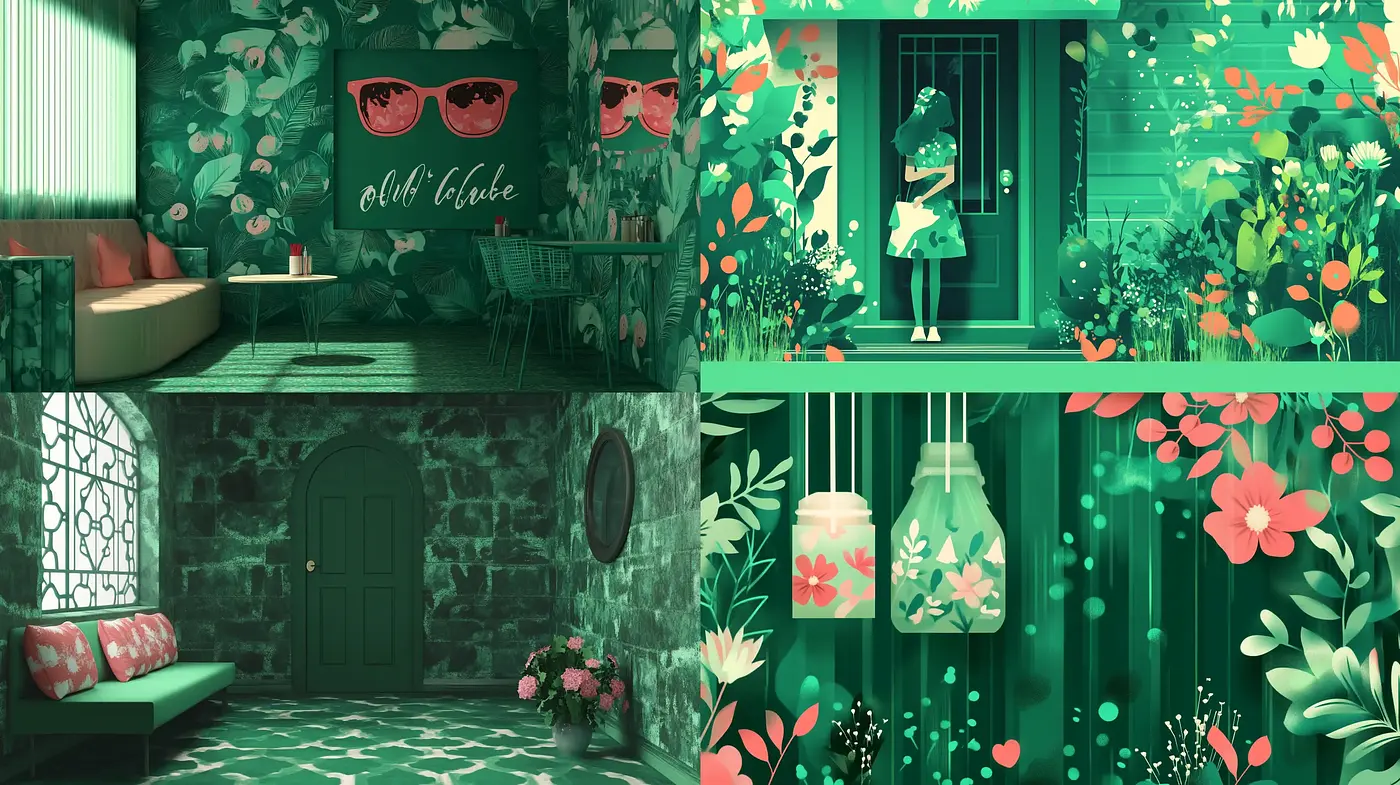 Consistent Verdant Hues and Floral Motifs Style - Midjourney sref style