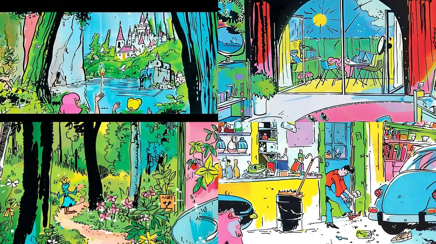 Vibrant Comic Strip Aesthetic with Bold Outlines - Midjourney sref style