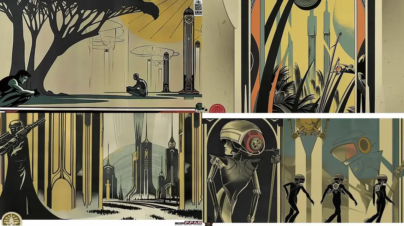 Futuristic Art Deco Influenced Retro Illustrations with a Bold Color Scheme - Midjourney sref style