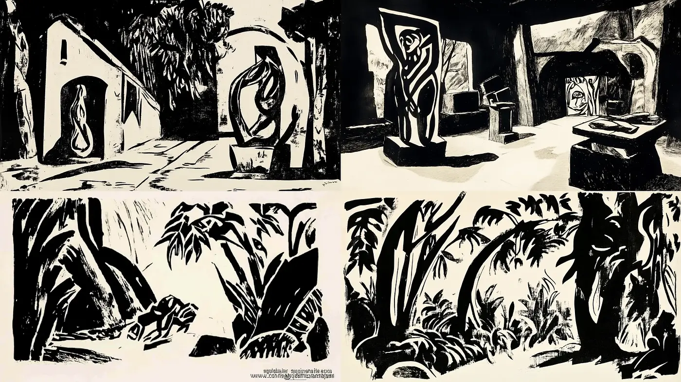 Monochromatic Expressive Contrast in Stylized Nature - Midjourney sref style