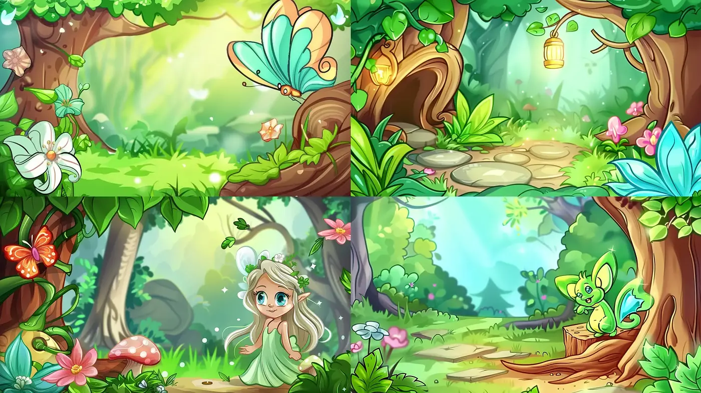 Enchanted Woodland Whimsy: A Serene Fantasy Cartoonscape - Midjourney sref style