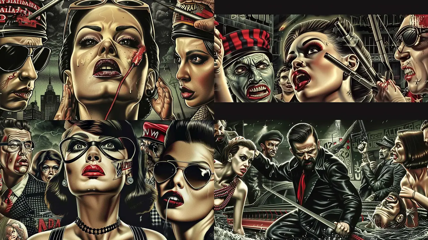 Gritty Noir Flair with Hyper-Realistic Pop Culture Elements - Midjourney sref style
