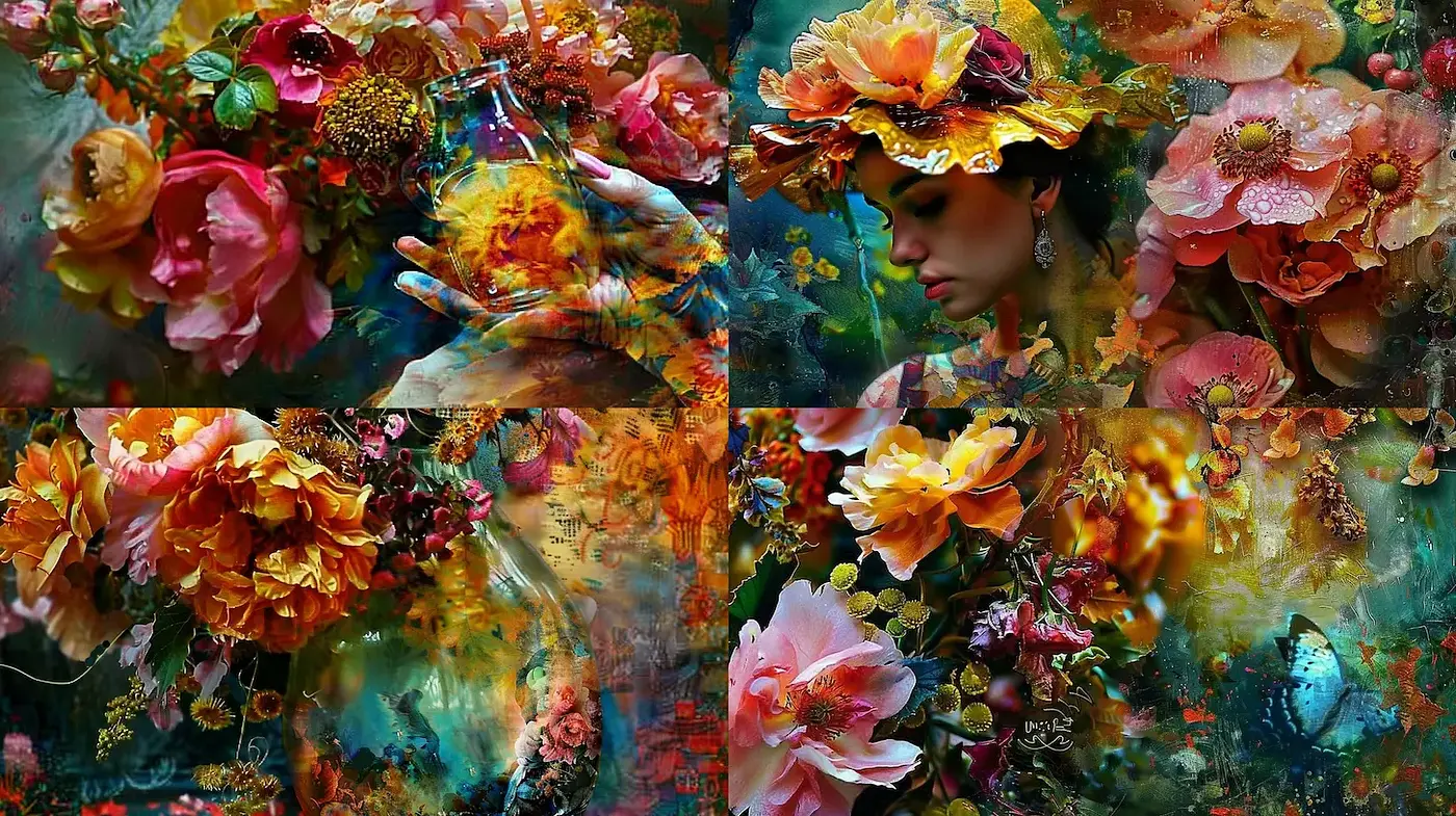 Lush and Vibrant Floral Fantasy with Ethereal Elements - Midjourney sref style