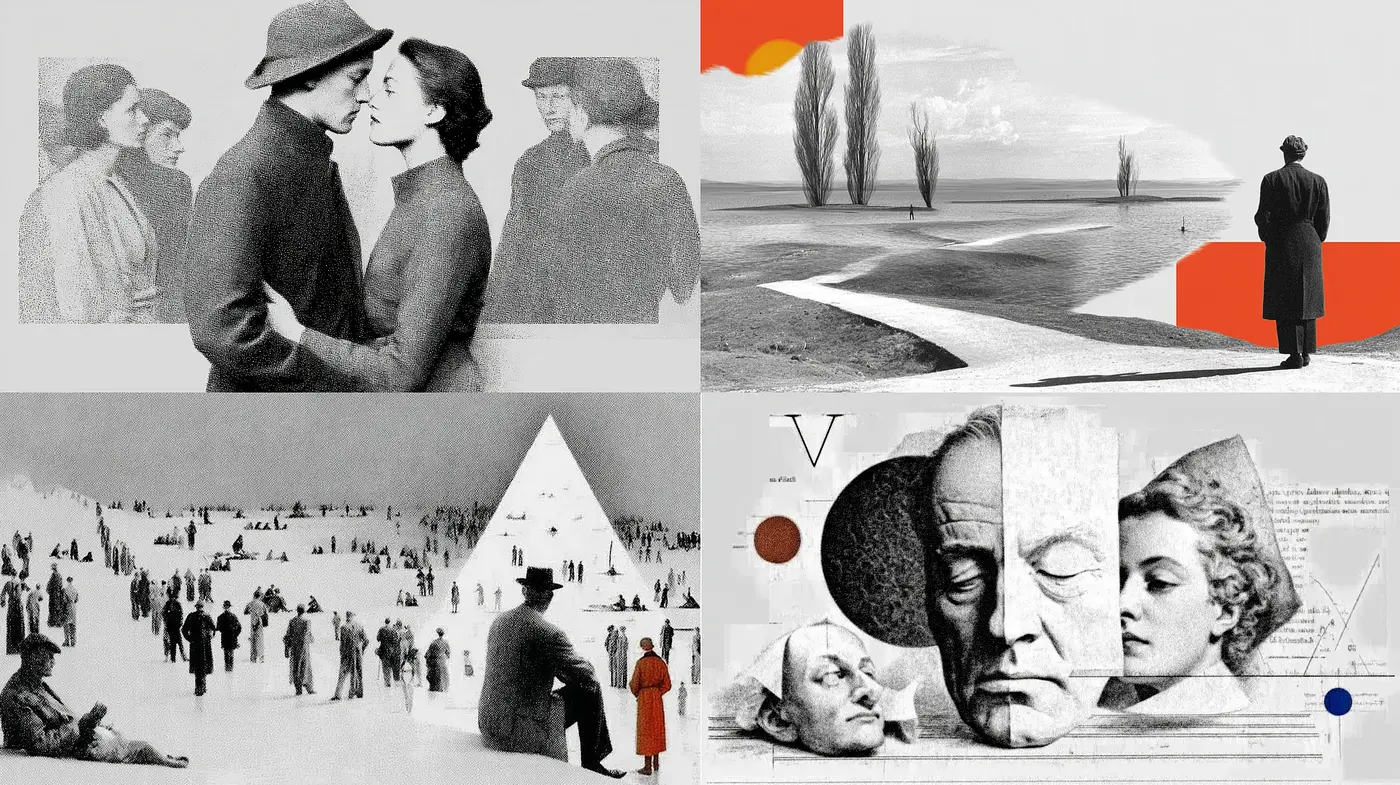 A Fusion of Vintage Aesthetics and Modernist Influences in Black and White Imagery - Midjourney sref style