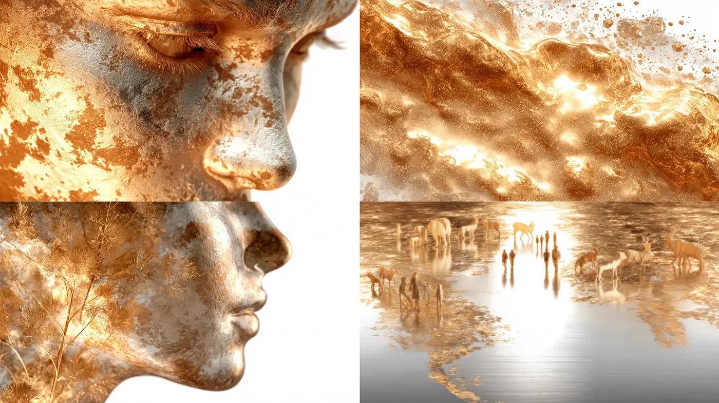 Ethereal and Metallic Dreamscape with Organic Elements and Fluid Textures - Midjourney sref style