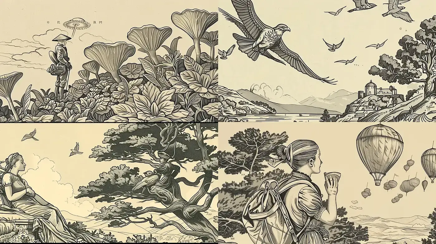 Intricate Illustrations with a Narrative Touch Reflecting Nature and Human Connection - Midjourney sref style