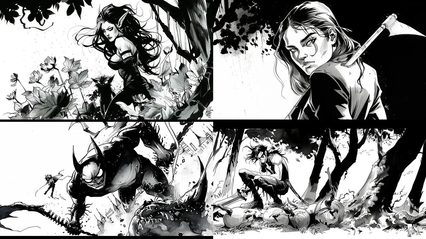 Monochromatic Dynamic Ink Brushwork Quartet - Midjourney sref style