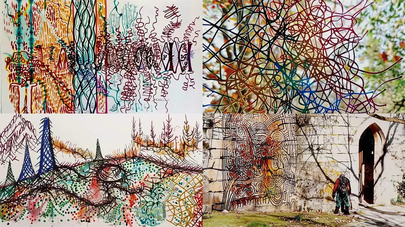 Abstract Scribble Fusion with Realistic Elements - Midjourney sref style
