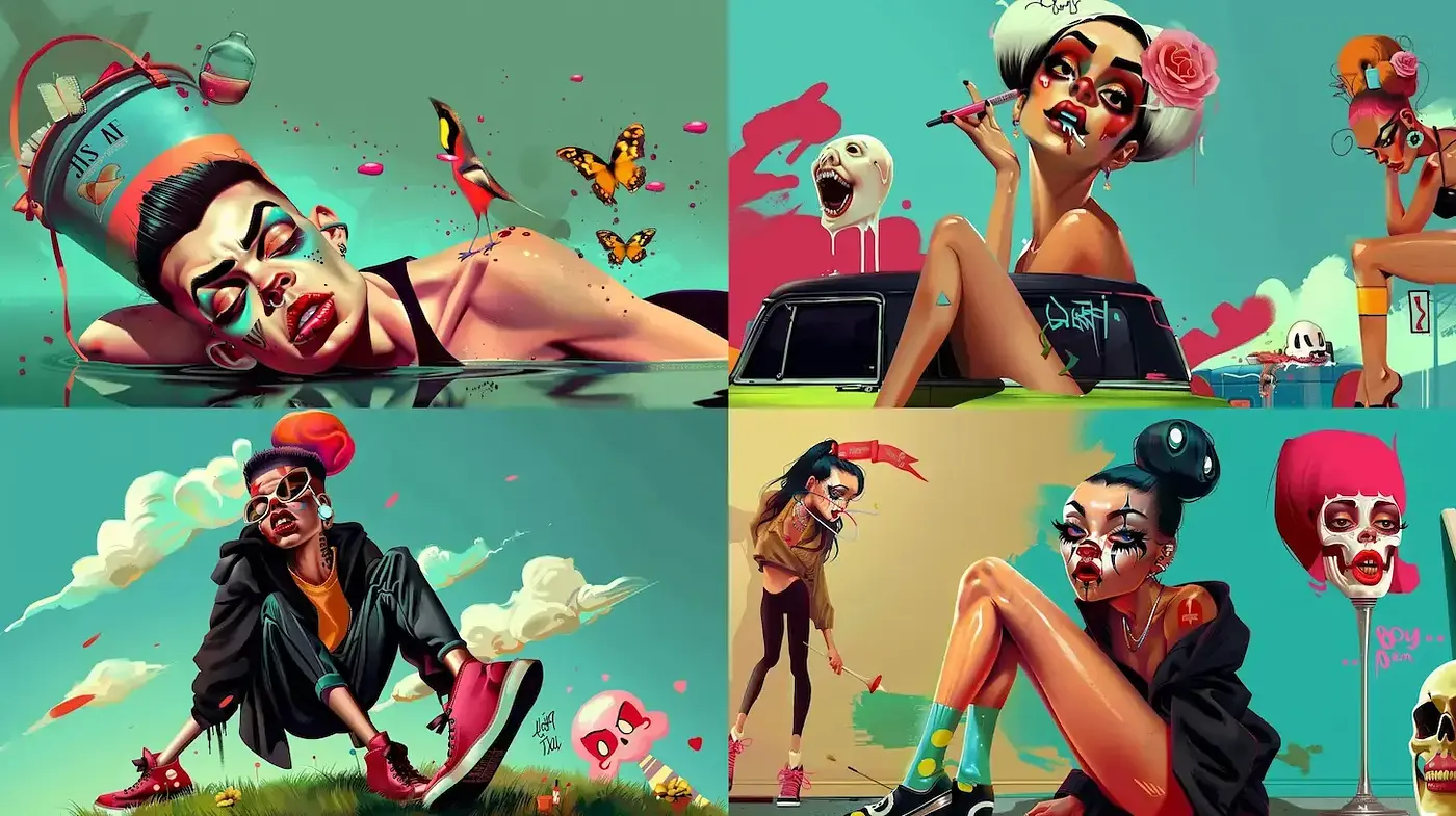 Eclectic, vibrant urban art style with a surreal twist - Midjourney sref style