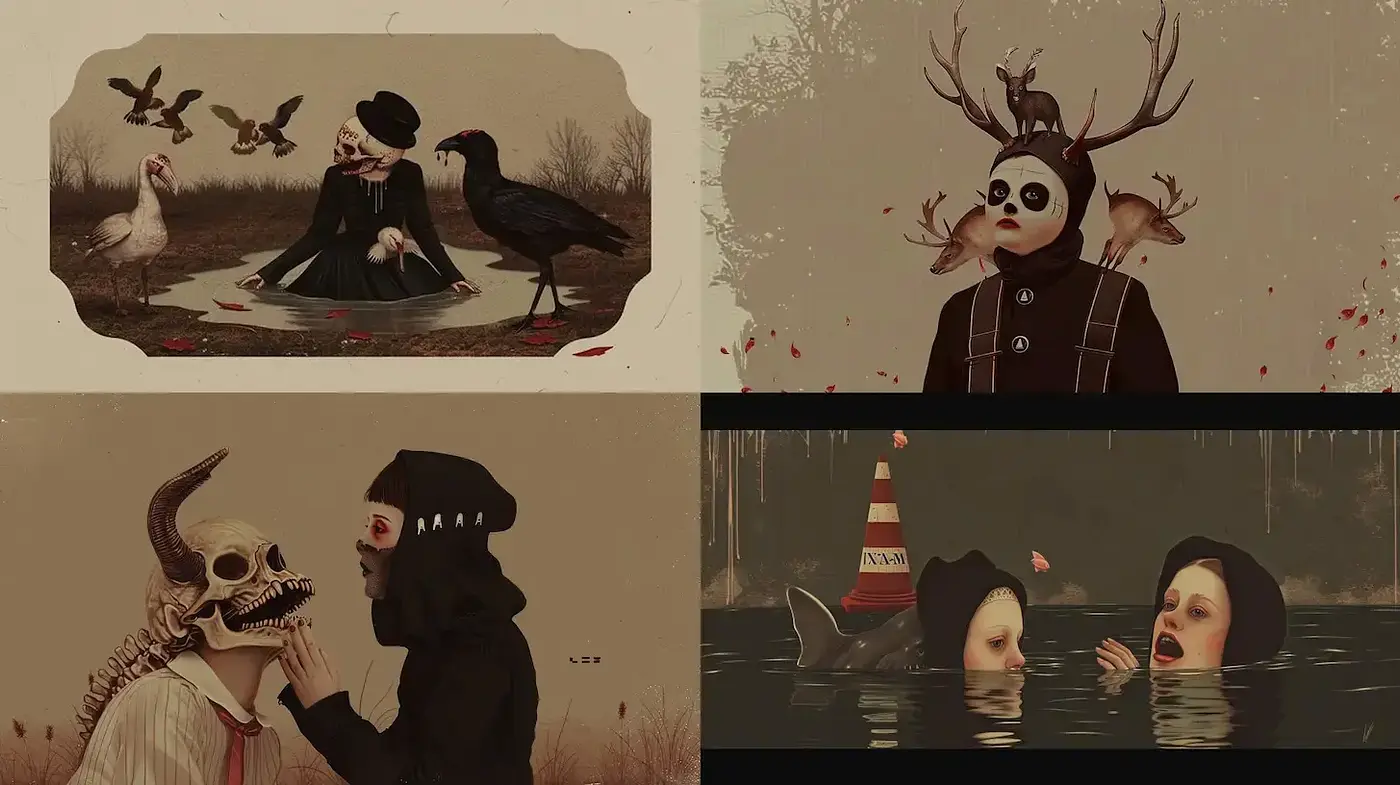 Ethereal Macabre: A Melancholic Fusion Between Surreal and Gothic Imagery - Midjourney sref style