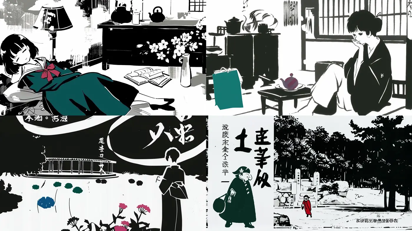 Monochromatic Nostalgia in Stylized Anime Vignettes - Midjourney sref style