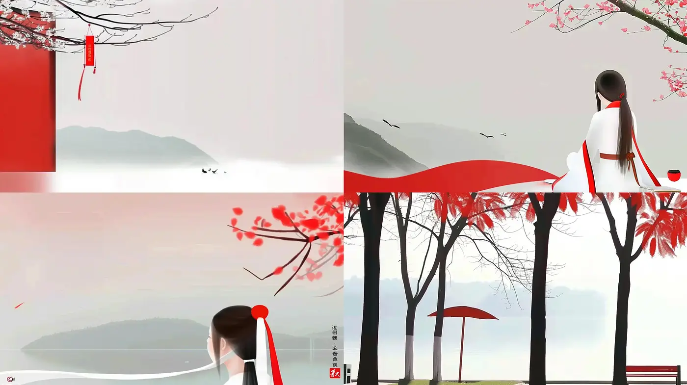 Serene Red Accents Amidst Ethereal Landscape Vistas - Midjourney sref style