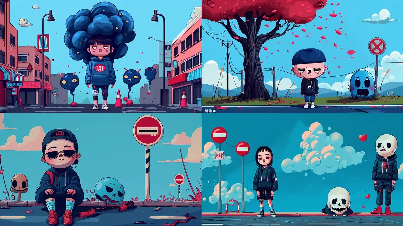 Playful yet melancholic urban scenes with a cartoonish charm - Midjourney sref style