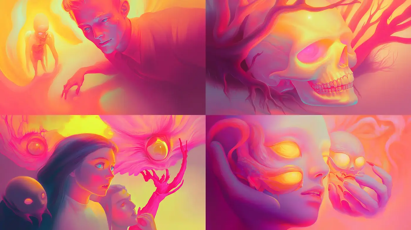 Ethereal Glow: A Warm Surrealist Dreamscape in Digital Brushstrokes - Midjourney sref style