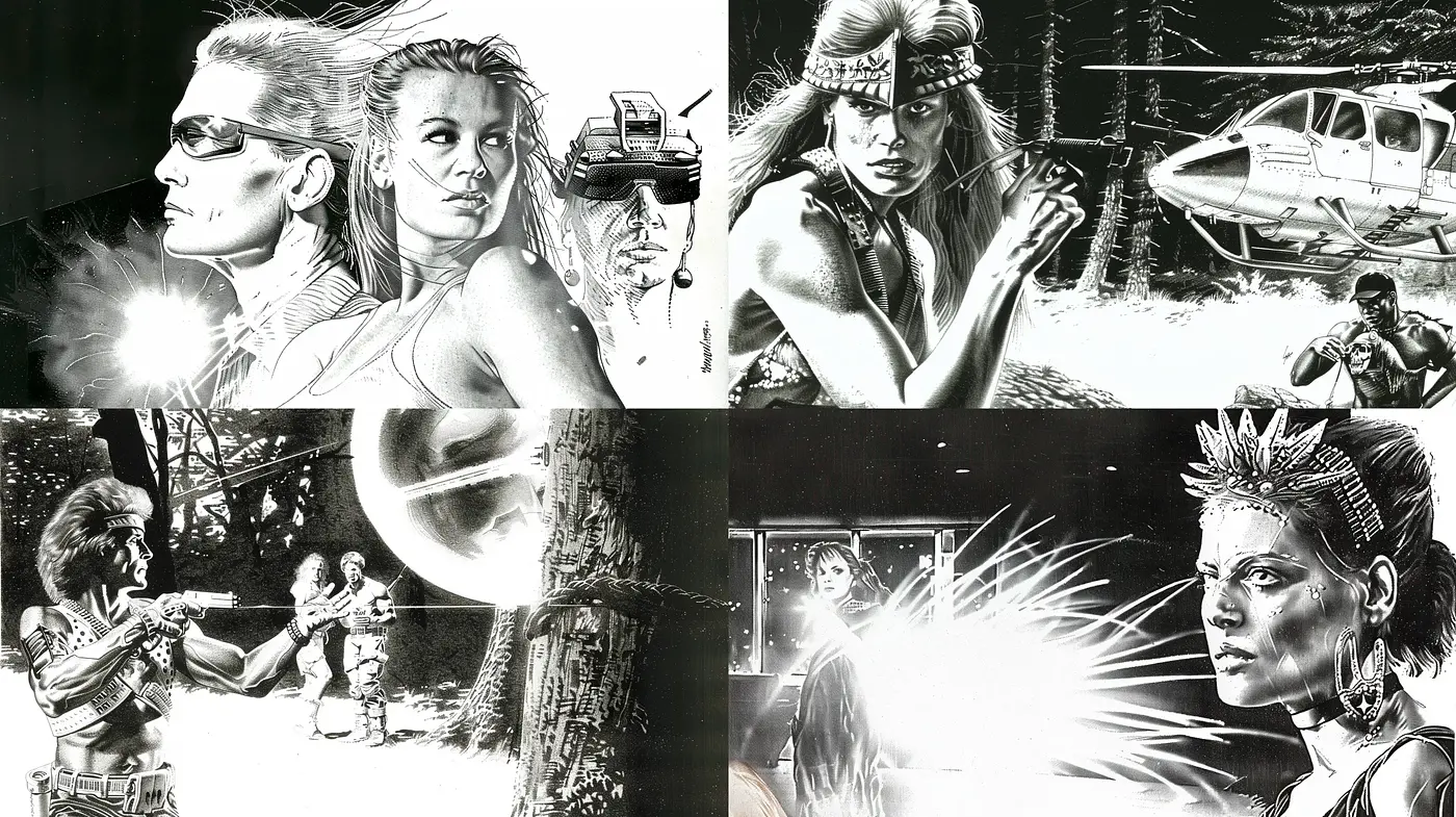 Monochromatic Graphic Novel Illustration Ensemble - Midjourney sref style