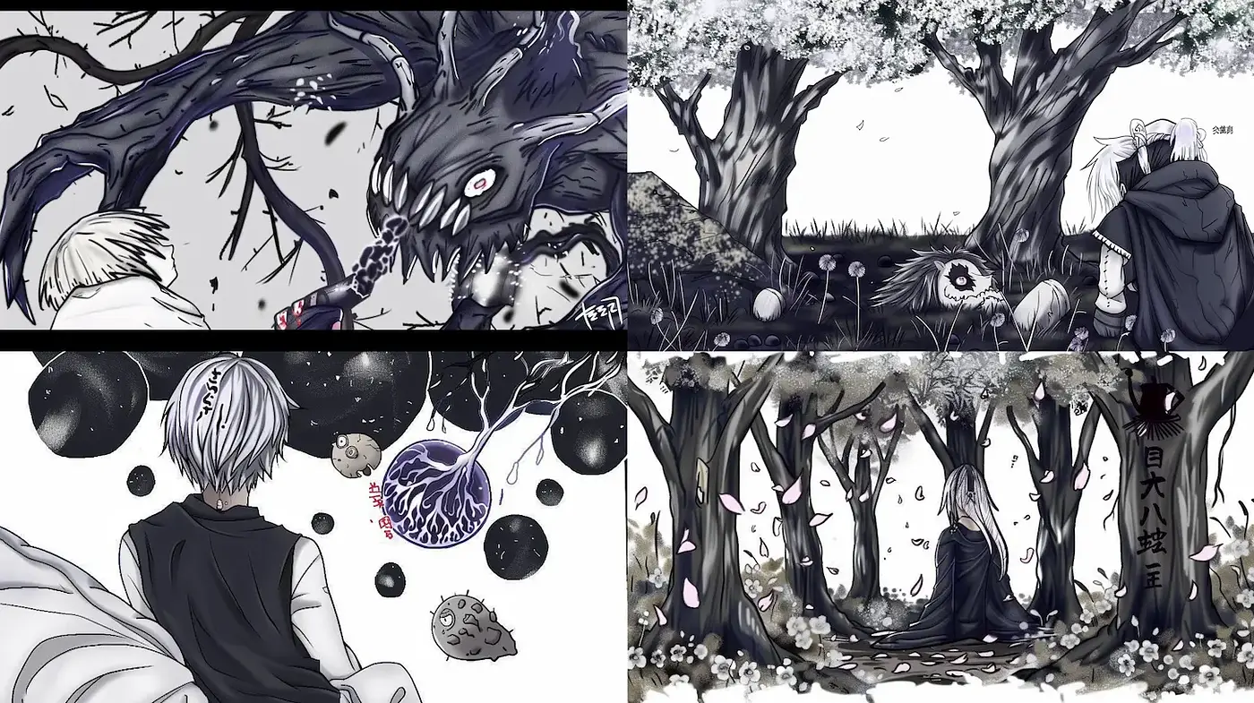 Intriguing blend of dark elements with ethereal landscapes in monochrome - Midjourney sref style