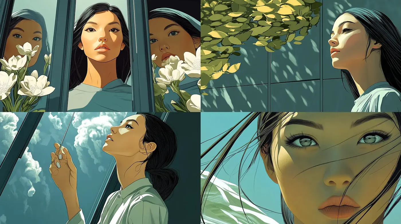 Serene Reflections in Turquoise Hues: A Study of Poise and Natural Harmony - Midjourney sref style