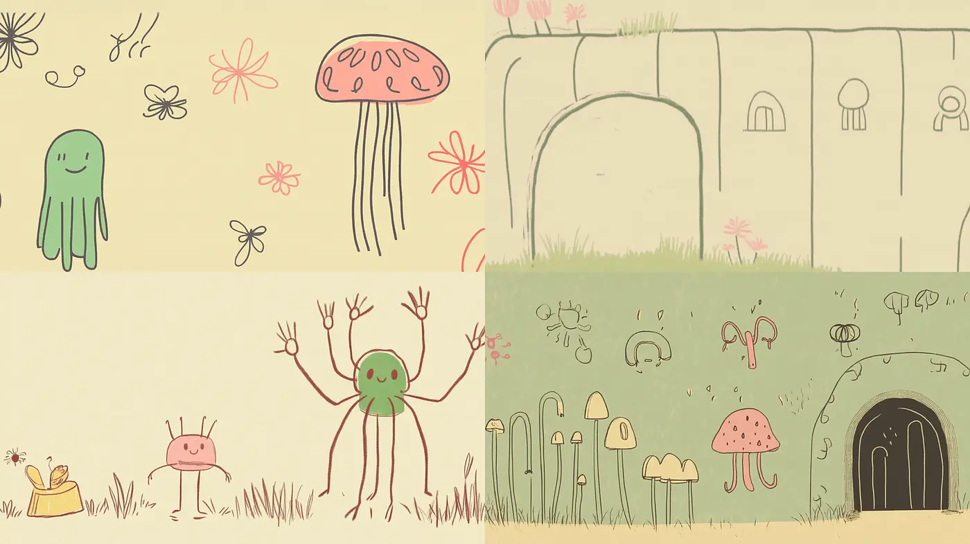 Whimsical and Playful Illustrations with Quirky Characters and Organic Shapes - Midjourney sref style