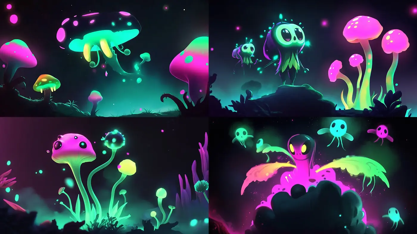 Neon Nocturnal Dreamscape: A Luminescent Journey Through Stylized Fauna and Flora - Midjourney sref style