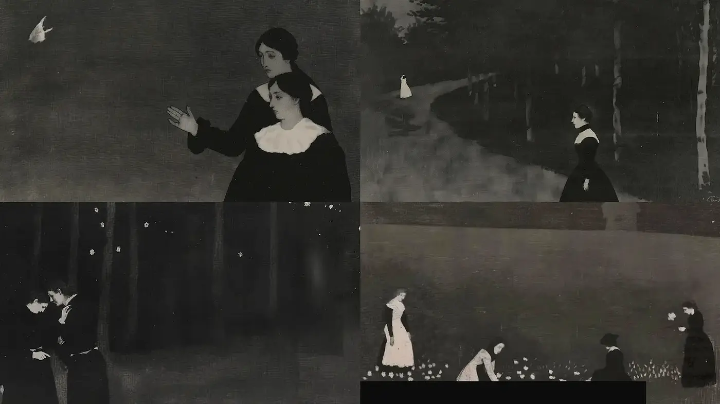 Ethereal and Poignant Scenes in a Monochromatic Palette Inspired by Romanticism - Midjourney sref style