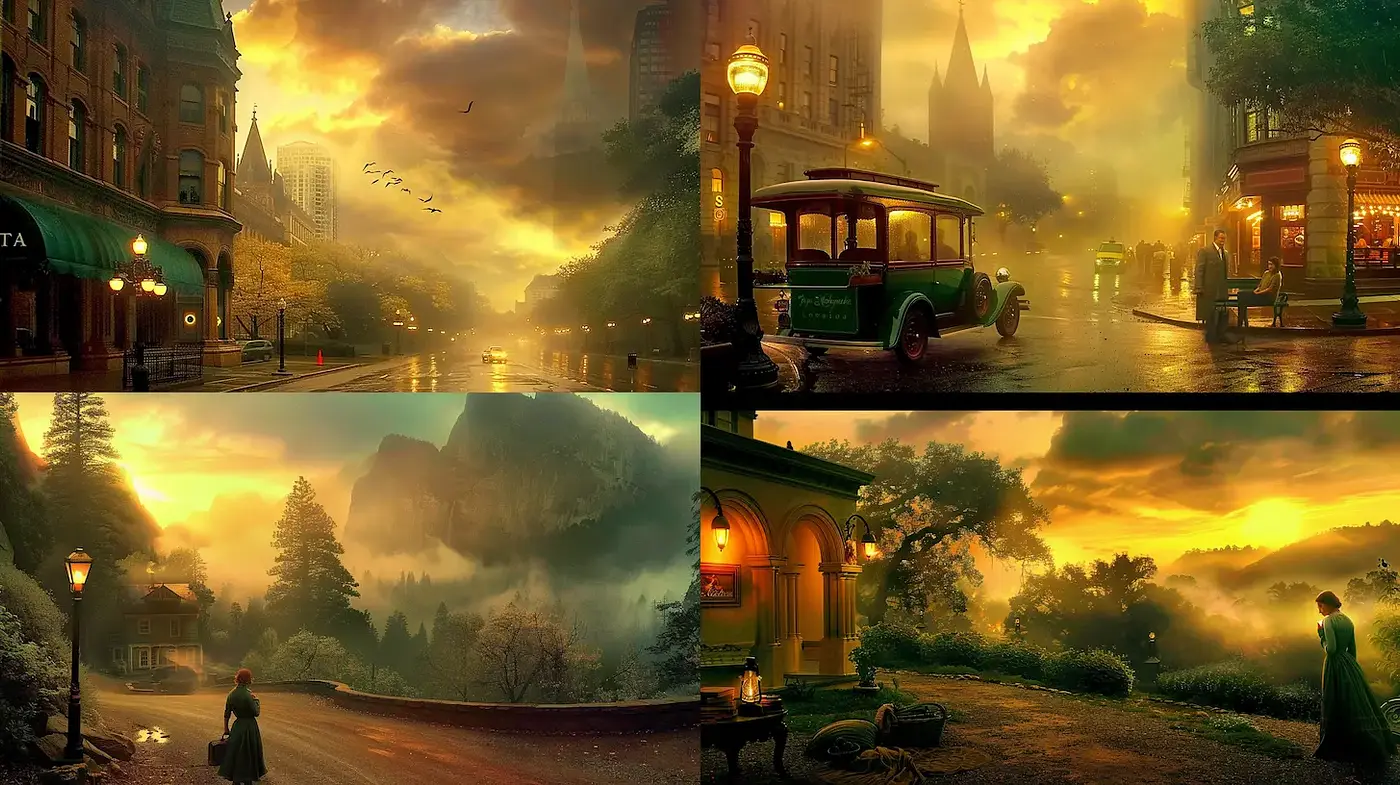 Ethereal and atmospheric urban landscapes with a vintage allure - Midjourney sref style