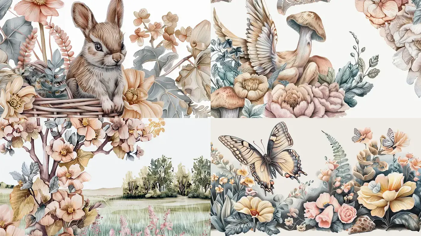 Elegant and Whimsical Nature Illustrations with a Soft Palette - Midjourney sref style
