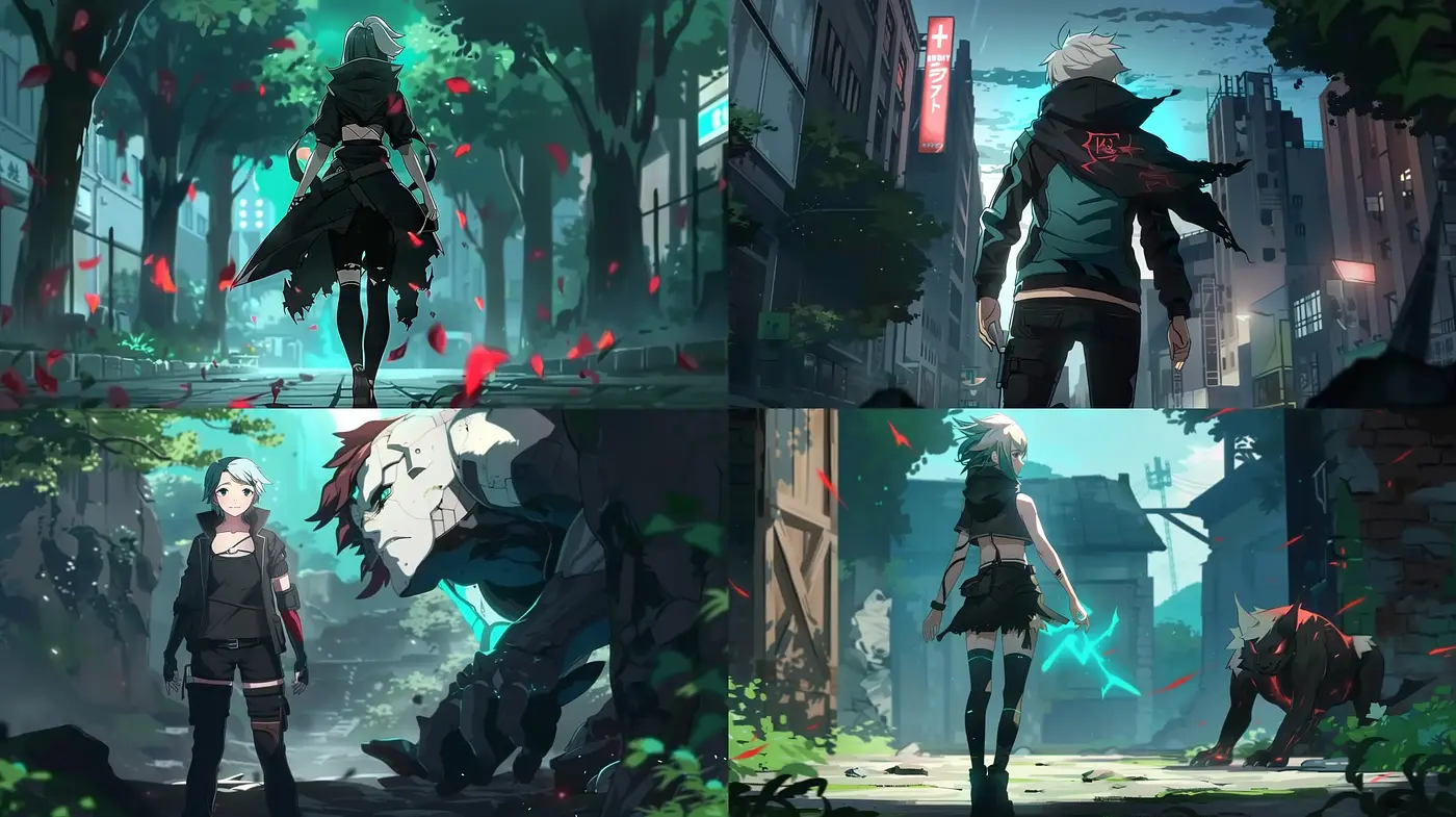 Futuristic Urban Anime-Inspired Digital Paintings with Lush Greenery and Neon Accents - Midjourney sref style