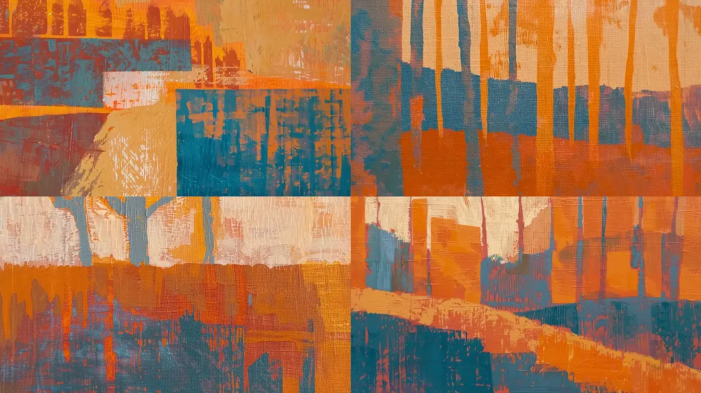 Stylized Abstract Landscape with Warm Tones and Geometric Composition - Midjourney sref style
