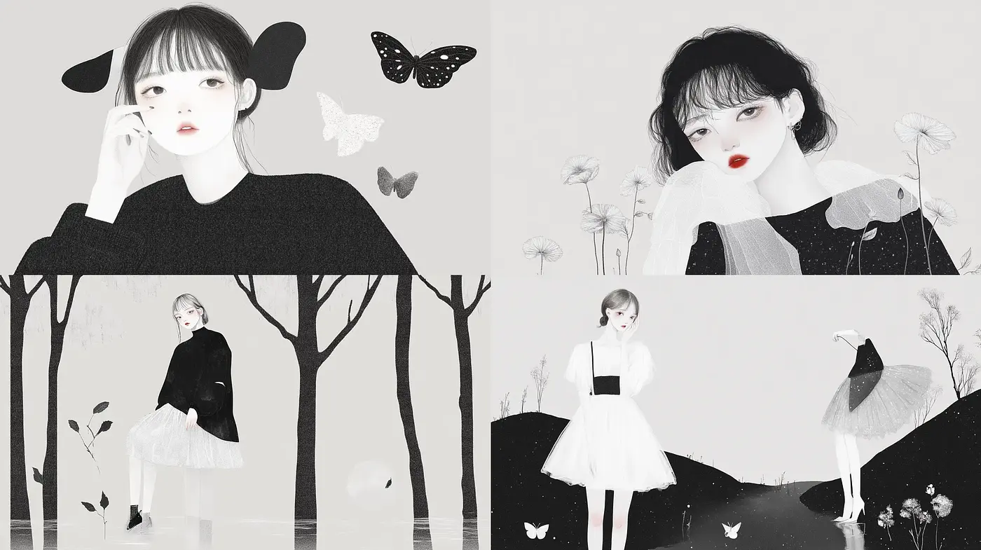 Monochromatic Whimsy: A Study in Stylized Minimalist Noir with a Splash of Red - Midjourney sref style