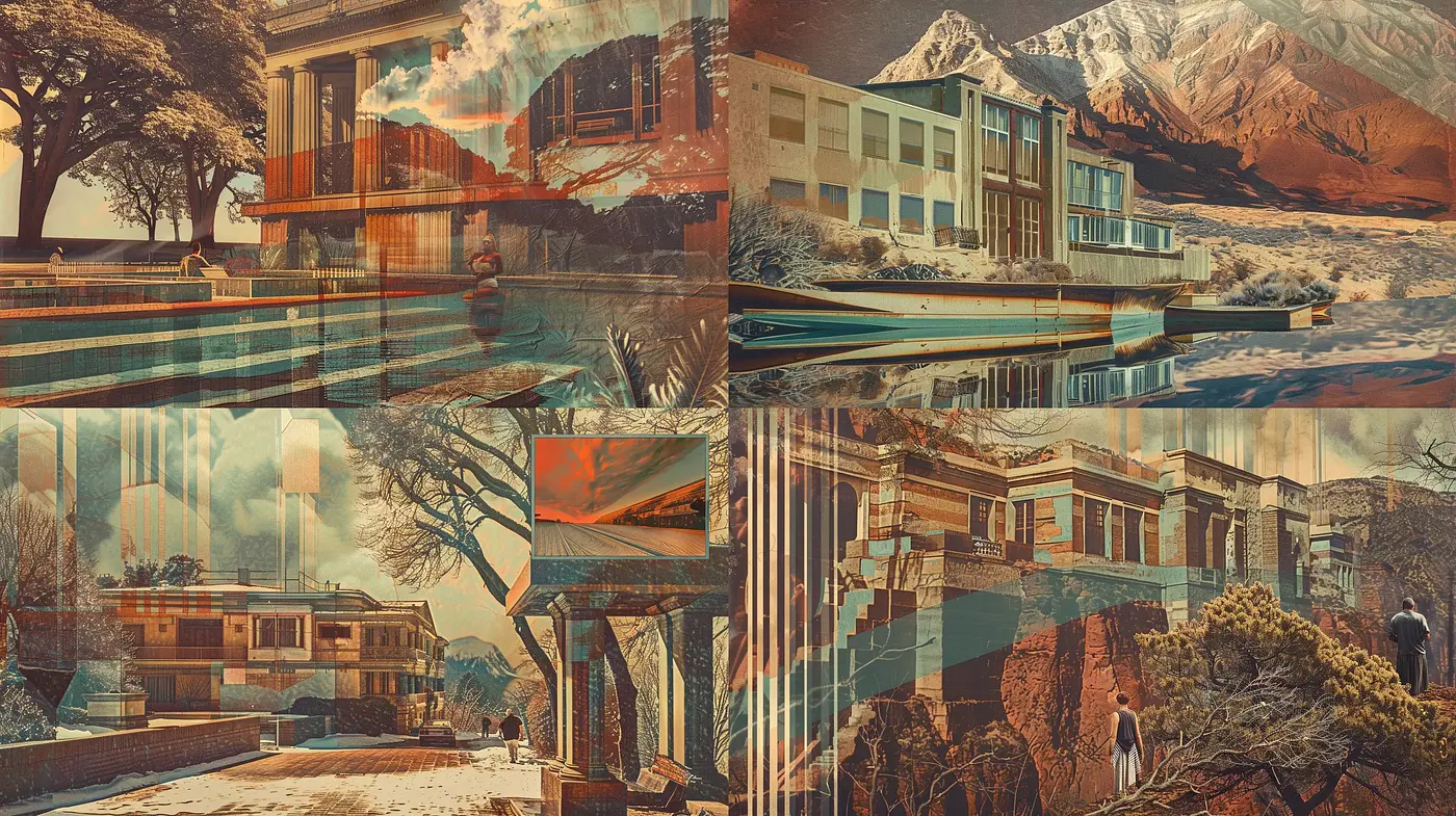 A Consistent Fusion of Rustic Architectural Elegance with Surreal Landscape - Midjourney sref style