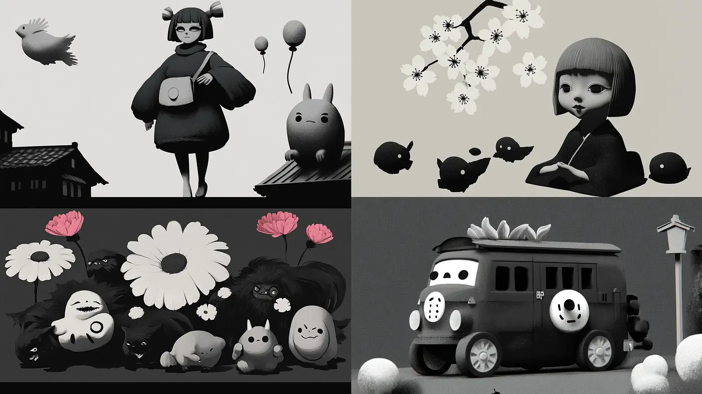 Monochromatic Whimsy: A Dreamlike Blend of Soft Textures and Playful Imagery - Midjourney sref style